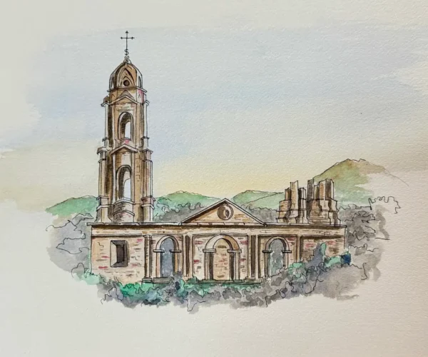 Watercolour sketch of the Lava church in Mexico