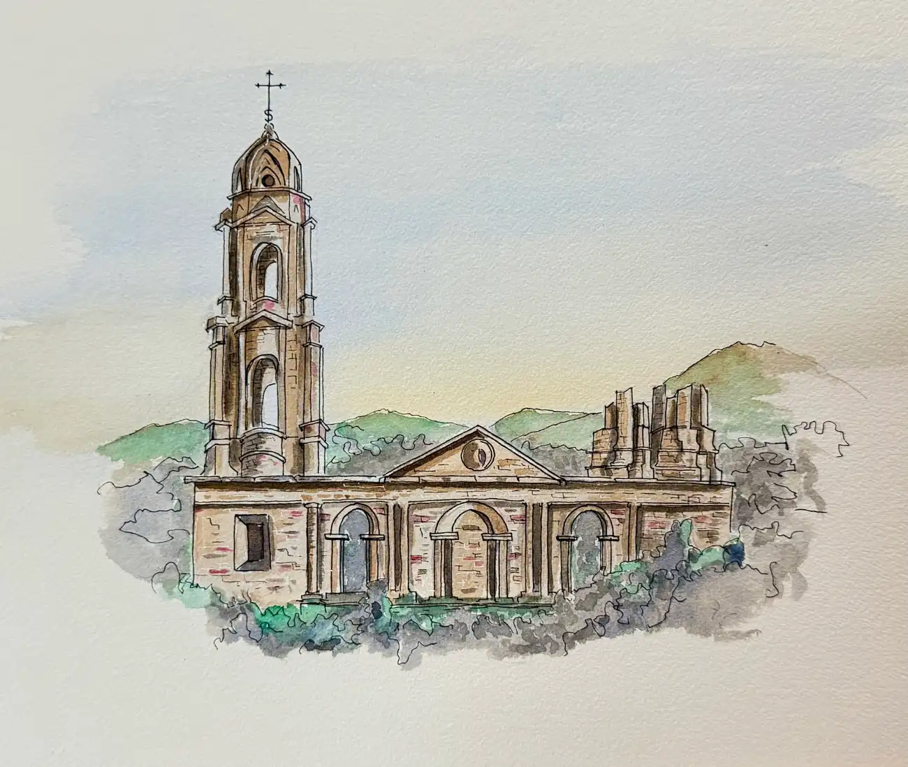 Watercolour sketch of the Lava church in Mexico